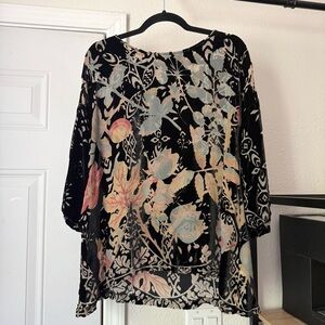 CITRON black floral sheer burnout velvet rayon silk boxy‎ boat neck blouse shirt